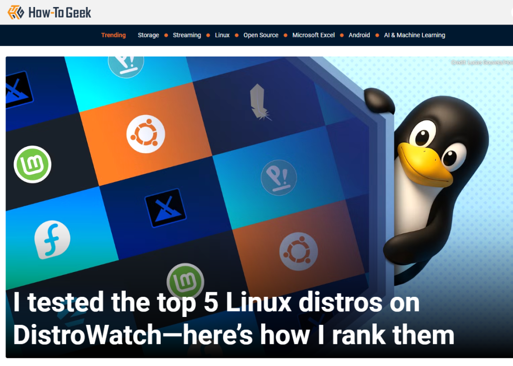 Bild på en Linux-pingvin med olika Linux-logotyper och texten I tested the top 5 Linux distros on DistroWatch—here’s how I rank them.